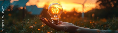 Hand holding a light bulb in a renewable energy landscape, with solar panels and windmills, showcasing clean energy and ecology