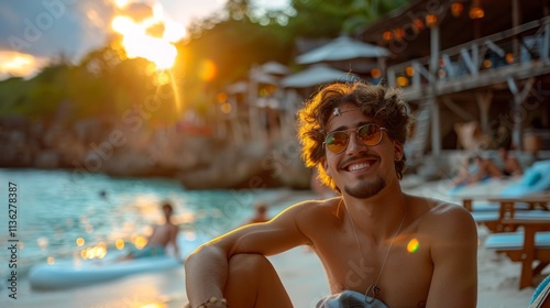 A man with sunglasses smiles brightly, sitting at a tropical beach during sunset, capturing the essence of relaxation, warmth, and vacation bliss by the sea.