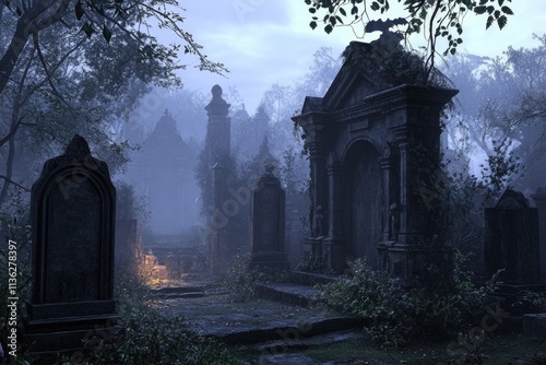 Enigmatic Overgrown Cemetery at Twilight: Eerie Fog Envelops Gravestones in a Mysterious Atmosphere