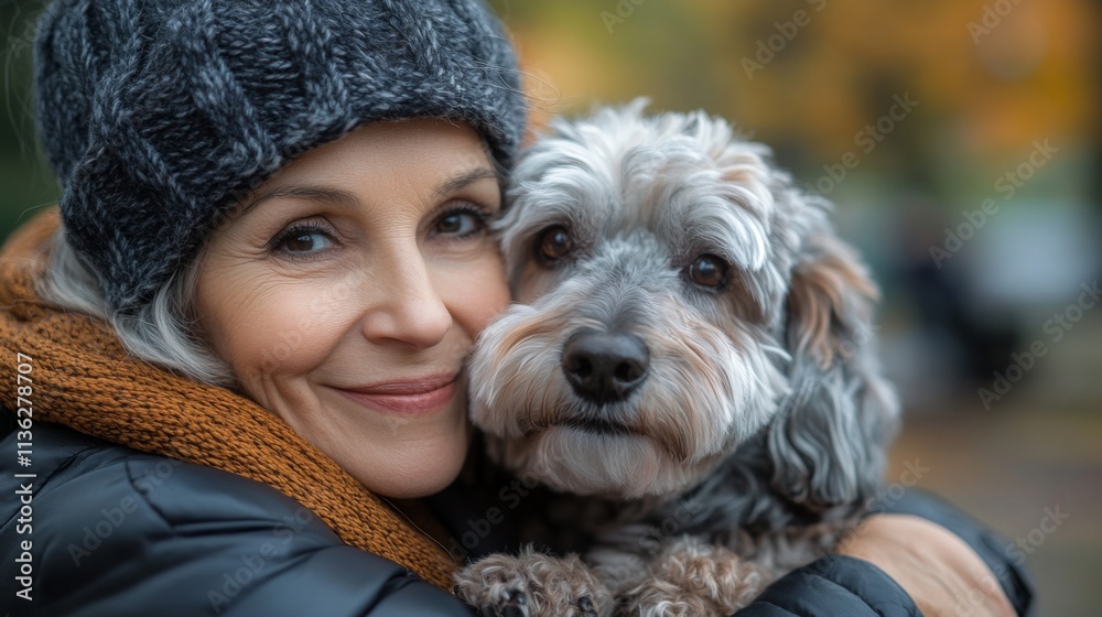 An elderly woman warmly embraces her fluffy dog in an autumn park, capturing a heartfelt moment of companionship and love with golden foliage in the background. An elderly woman warmly embraces her fluffy dog in an autumn park, capturing a heartfelt moment of companionship and love with golden foliage in the background.