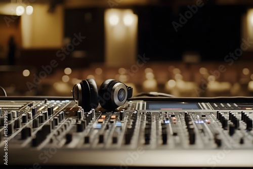 Professional DJ headset rest on a mixing console in a club stetting photo