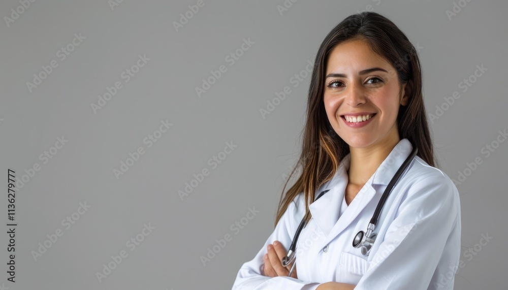 Smiling Female Doctor Wearing White Coat and Stethoscope Smiling Female Doctor Wearing White Coat and Stethoscope