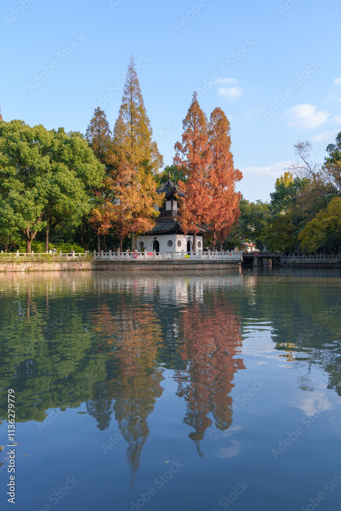 Obraz premium Ancient pavilion and cedar tree reflections in autumn