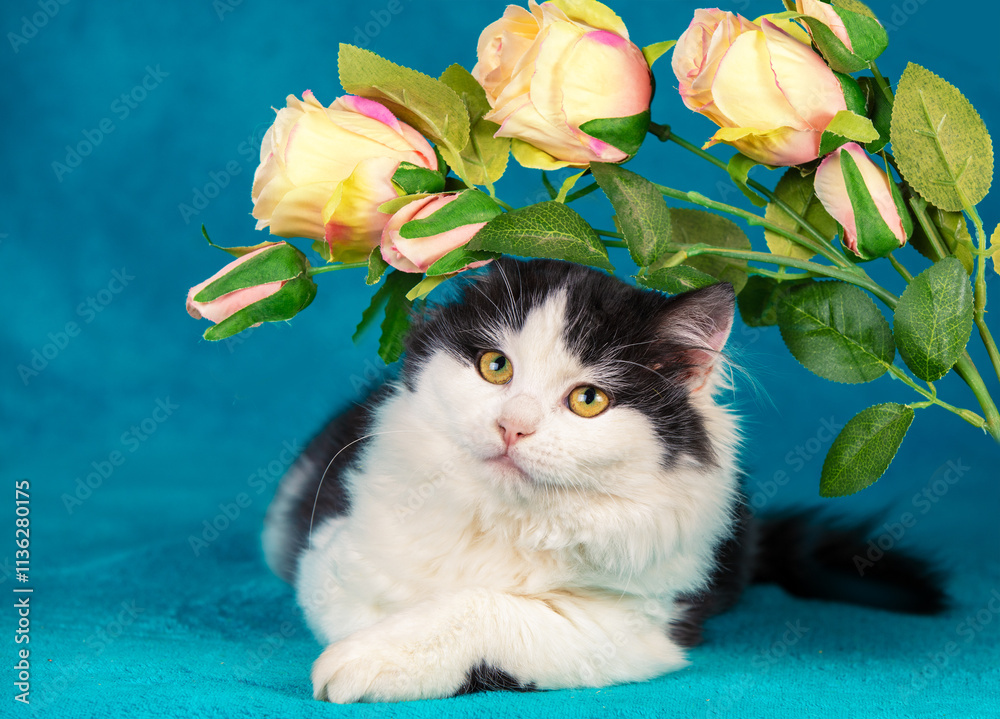 Funny little black and white kitten lies on a blue blanket with artificial roses