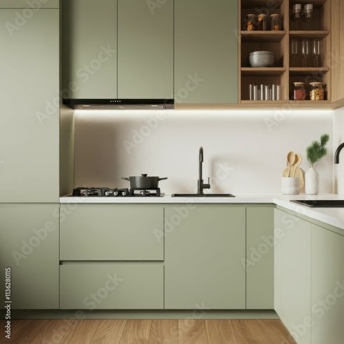 Modern minimalist kitchen, sage green cabinets, wooden accents, open shelving, built-in appliances, white countertop, stainless steel sink, cooking utensils, sleek design, contemporary aesthetic, orga