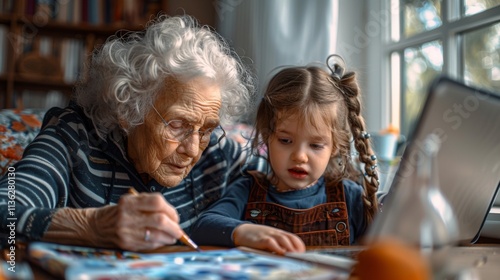 An elderly woman and a young girl sit by the window painting together, illustrating a touching scene of family bonding, art, and generational connection.