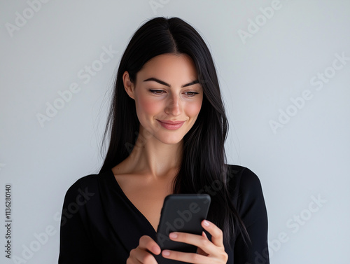 Femme brune de 30 ans en haut noir regarde en souriant son smartphone, fond blanc, personnage pour publicité, site web, démo d'application ou de logiciel, tech et IT B2B