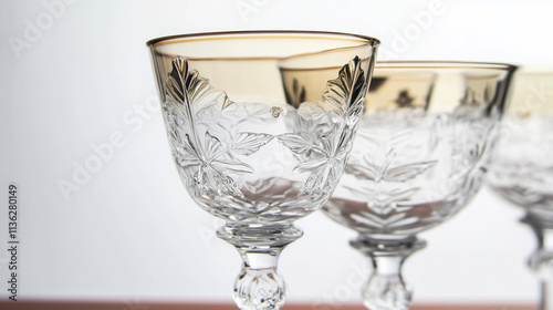 Gros plan d'un verre à pied en cristal ciselé de motifs arts déco en forme de fleurs avec bordure d'or : pièce antique de luxe, verre à champagne ou alcool vintage photo