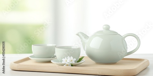 Wallpaper Mural Serene Tea Time: A delicate white teapot and two teacups rest on a wooden tray, a single white blossom adding a touch of elegance to the scene,  evoking tranquility and peace.   Torontodigital.ca