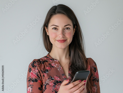 Femme brune de 30 ans en chemise à fleurs rose regarde en souriant son smartphone, fond blanc, personnage pour publicité, site web, démo d'application ou de logiciel, tech et IT B2B photo