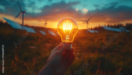 Sustainable development and renewable energy, hand holding a light bulb in a landscape with windmills and solar panels, clean energy and ecology photo