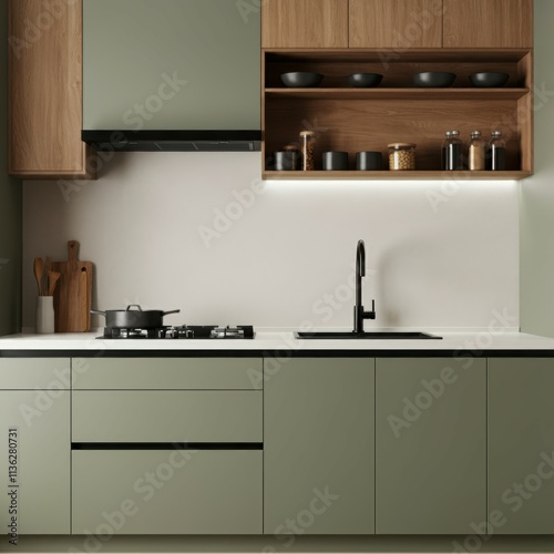 Modern minimalist kitchen, sage green cabinets, wooden accents, open shelving, built-in appliances, white countertop, stainless steel sink, cooking utensils, sleek design, contemporary aesthetic, orga