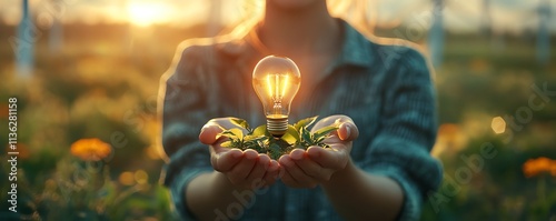 Sustainable energy future with hand holding a light bulb, windmills and solar panels in the landscape, renewable energy and ecology concept