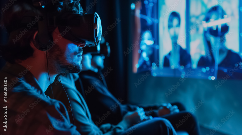 VR Goggles and Headsets on a Group of People Experiencing a Futuristic Movie in a Virtual World