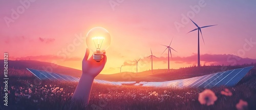 Sustainable energy future with hand holding a light bulb, windmills and solar panels in the landscape, renewable energy and ecology concept