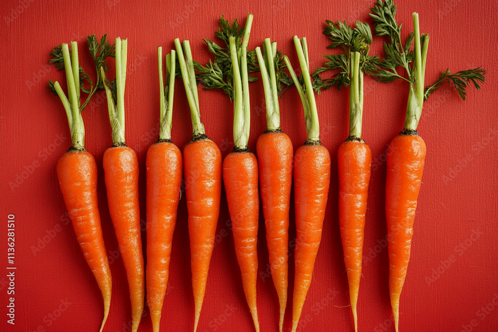 Freshly harvested carrots arranged on a vibrant red background for a colorful display Freshly harvested carrots arranged on a vibrant red background for a colorful display