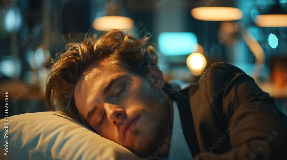 Male person with beard sleeping at office desk, exhausted from job Male person with beard sleeping at office desk, exhausted from job