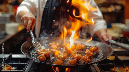 A masterful chef uses a fork to delicately cook pieces of chicken in a fiery display, showcasing the art of professional culinary techniques in the kitchen. photo