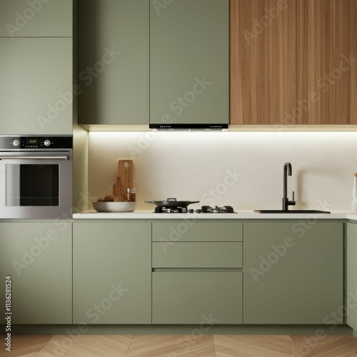 Modern minimalist kitchen, sage green cabinets, wooden accents, open shelving, built-in appliances, white countertop, stainless steel sink, cooking utensils, sleek design, contemporary aesthetic, orga