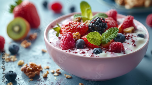 Top View of a Colorful Breakfast Dessert with Berries and Nuts