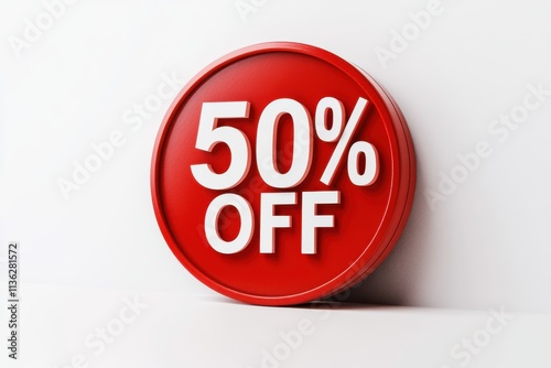 Promotional sign displaying fifty percent off discount with a bright red background and bold white lettering