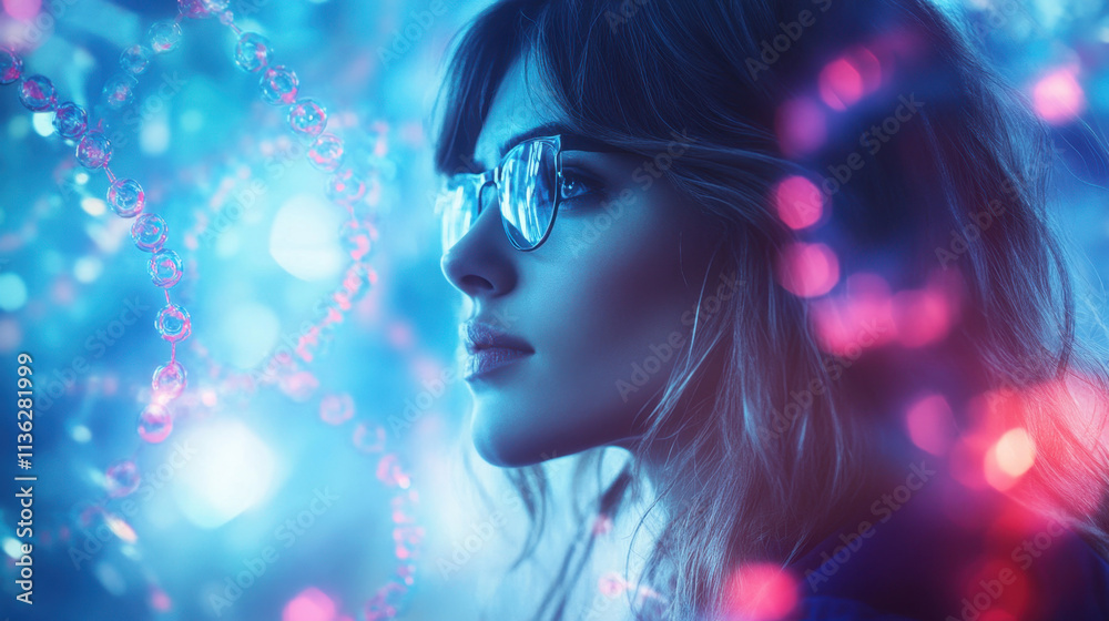 A young woman with glasses gazes thoughtfully while surrounded by vibrant lights in hues of blue and pink during an evening event. The atmosphere is dreamy and enchanting. A young woman with glasses gazes thoughtfully while surrounded by vibrant lights in hues of blue and pink during an evening event. The atmosphere is dreamy and enchanting.
