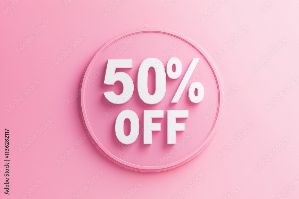 Eye-catching discount sign with bold text displaying 50 percent off on a pink background Eye-catching discount sign with bold text displaying 50 percent off on a pink background