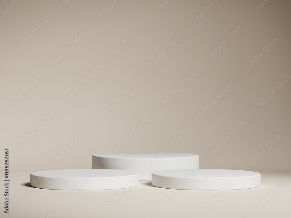 Display product brown minimal scene with geometric white podium platform. cylinder background with podium. stand for cosmetic products. Stage showcase on pedestal beige studio Display product brown minimal scene with geometric white podium platform. cylinder background with podium. stand for cosmetic products. Stage showcase on pedestal beige studio