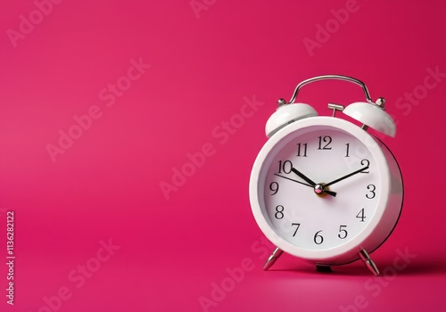 A minimalist white alarm clock against a bright pink background