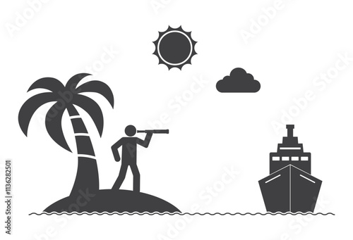 person with handheld telescope on island looking for ship icon