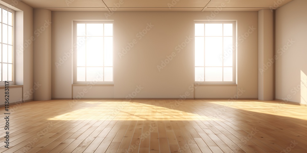 Fototapeta premium Empty sun light room with big window and wooden floor. Architecture indoor decorative mock up scene