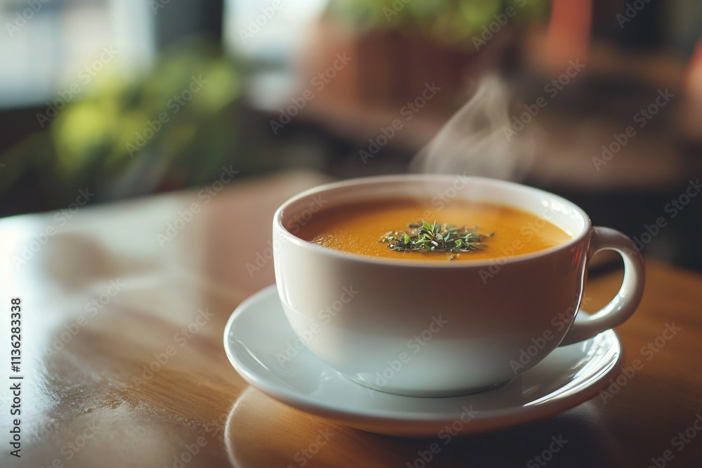 Fototapeta premium Warm bowl of steaming soup garnished with herbs on wooden table in cozy cafe