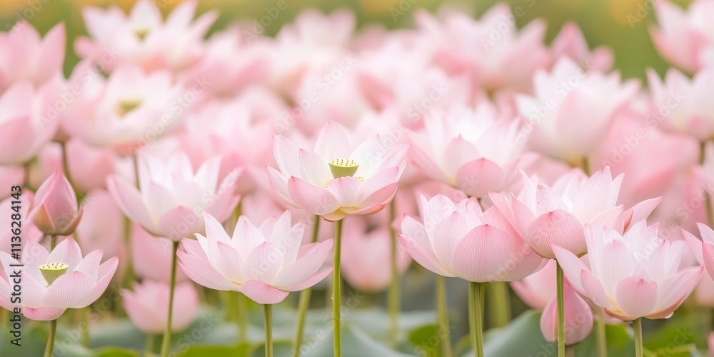 Obraz premium Pink Lotus Field: A tranquil scene of delicate pink lotus flowers blooming in a serene pond, bathed in soft, natural light. The image evokes a sense of peace and tranquility.