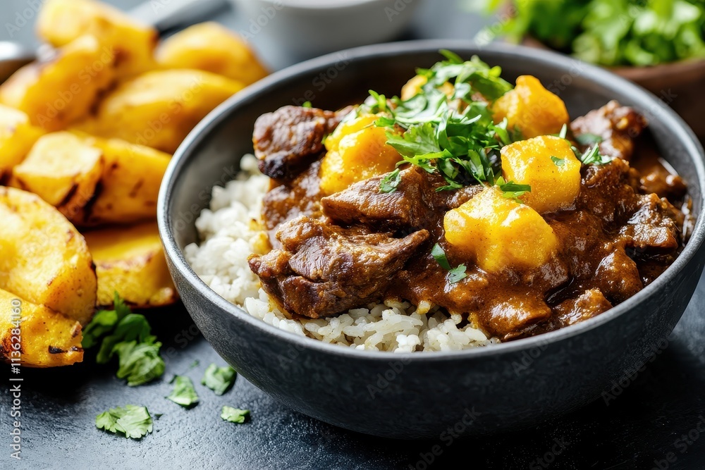 A bowl of beef stew with mango, served over rice, alongside fried plantains and herbs. A bowl of beef stew with mango, served over rice, alongside fried plantains and herbs.
