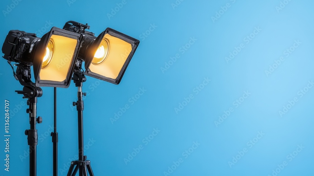 Two studio lights with softboxes against a bright blue backdrop, ready to illuminate and capture the perfect shot in a photographic studio setting. Two studio lights with softboxes against a bright blue backdrop, ready to illuminate and capture the perfect shot in a photographic studio setting.