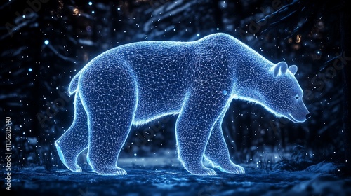 A glowing holographic bear made entirely of radiant white light, standing in a dark, mysterious forest, creating an ethereal and otherworldly atmosphere. photo