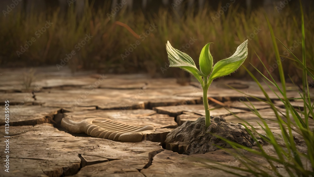 Resilient Sprout Emerging from Cracked Earth, Symbol of Hope and Renewal Resilient Sprout Emerging from Cracked Earth, Symbol of Hope and Renewal