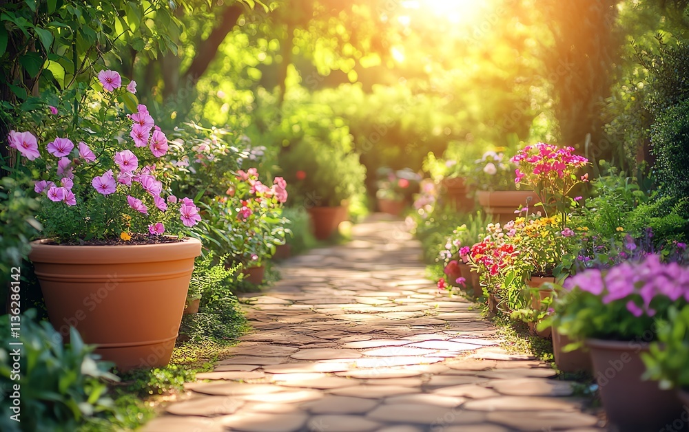Sunny garden filled with flowerpots, blooming flowers, and lush greenery, spring or summer gardening theme with bright sunlight Sunny garden filled with flowerpots, blooming flowers, and lush greenery, spring or summer gardening theme with bright sunlight