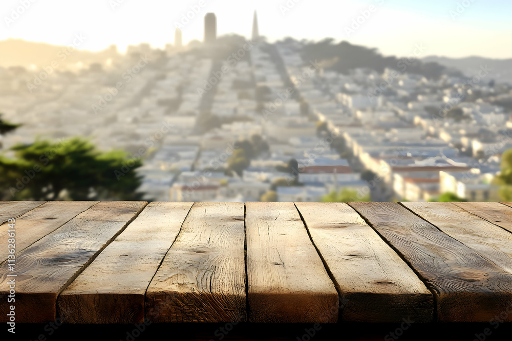 Wooden table with blurred city skyline background. Wooden table with blurred city skyline background.