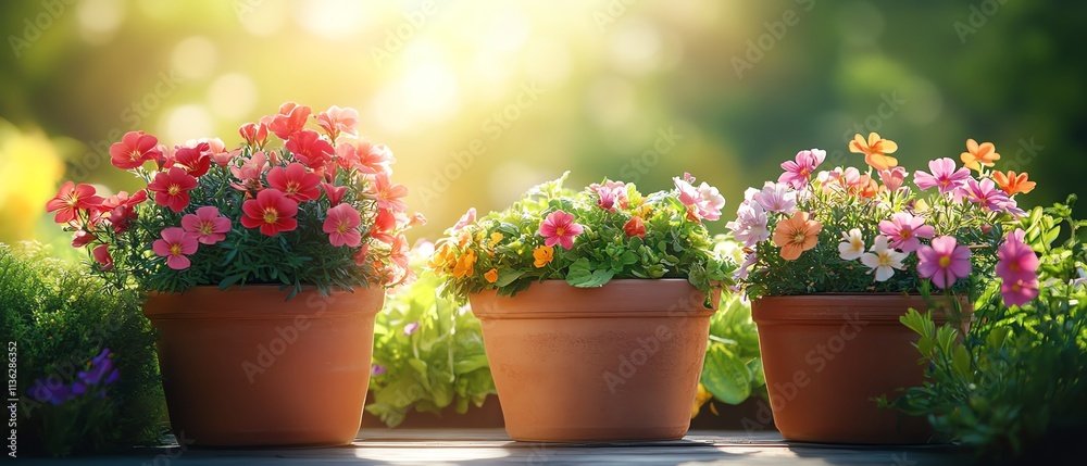 Obraz premium Sunny spring or summer garden with flowerpots, lush greenery, blooming flowers, and vibrant colors, peaceful and bright gardening scene