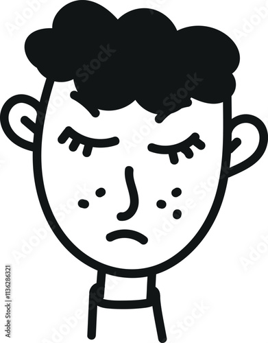 Minimalistic black-and-white cartoon of a person's head and shoulders with blurred facial features, curly hair, protruding ears, and a collared neck.
