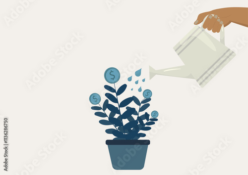 Watering Plant with Money Growth Concept. hand waters a potted plant with dollar sign leaves, symbolizing financial growth, investment, business success, and economic prosperity