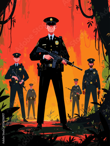 Illustrations that are about security on the Amazonian border, highlighting the police against criminals