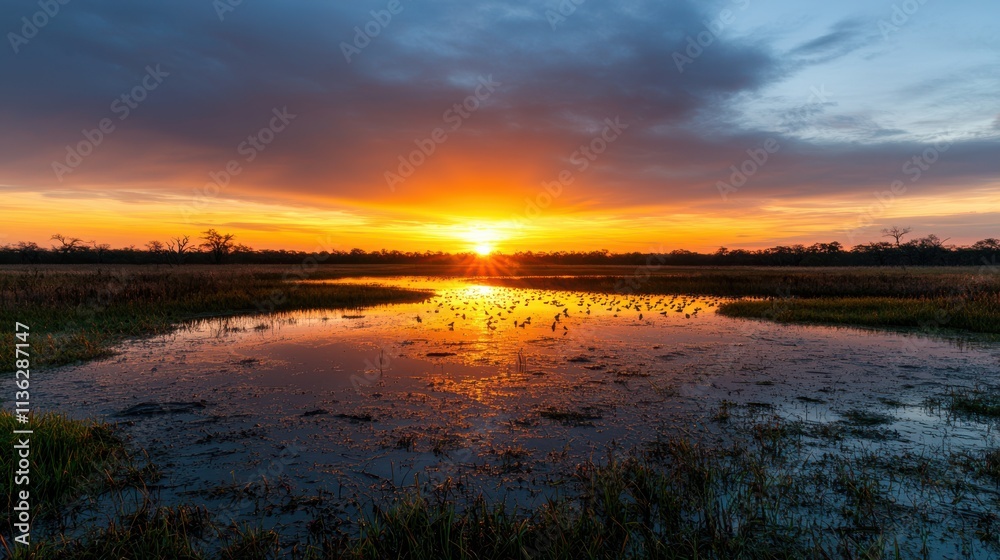 Fototapeta premium A vibrant sunset over a serene wetland, reflecting golden hues on the water, surrounded by lush greenery and dramatic clouds.