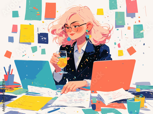 a feminine businesswoman who is holding a mimosa hustling and multi tasking and make it playful with vibrant color palette of blush pink, gold teal, coral, soft gray and white 