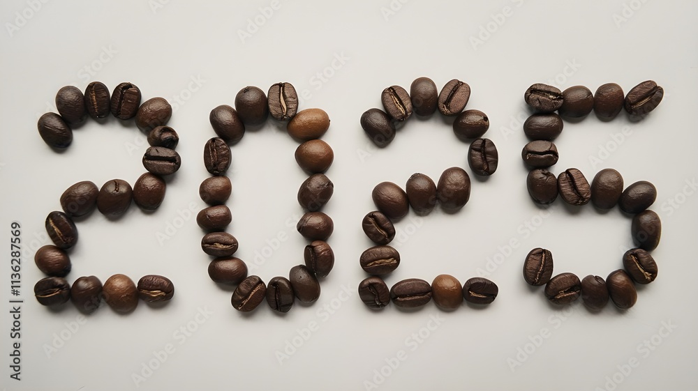the numbers '2025' are formed entirely using coffee beans the numbers '2025' are formed entirely using coffee beans