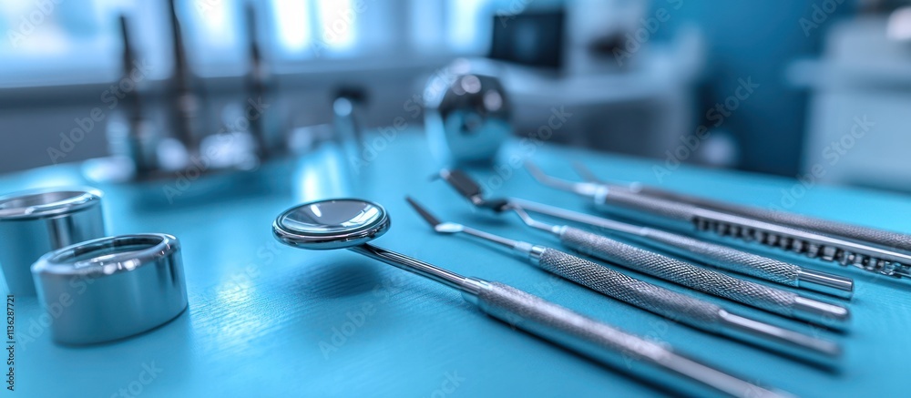 Sterile dental instruments on a blue surface. Sterile dental instruments on a blue surface.