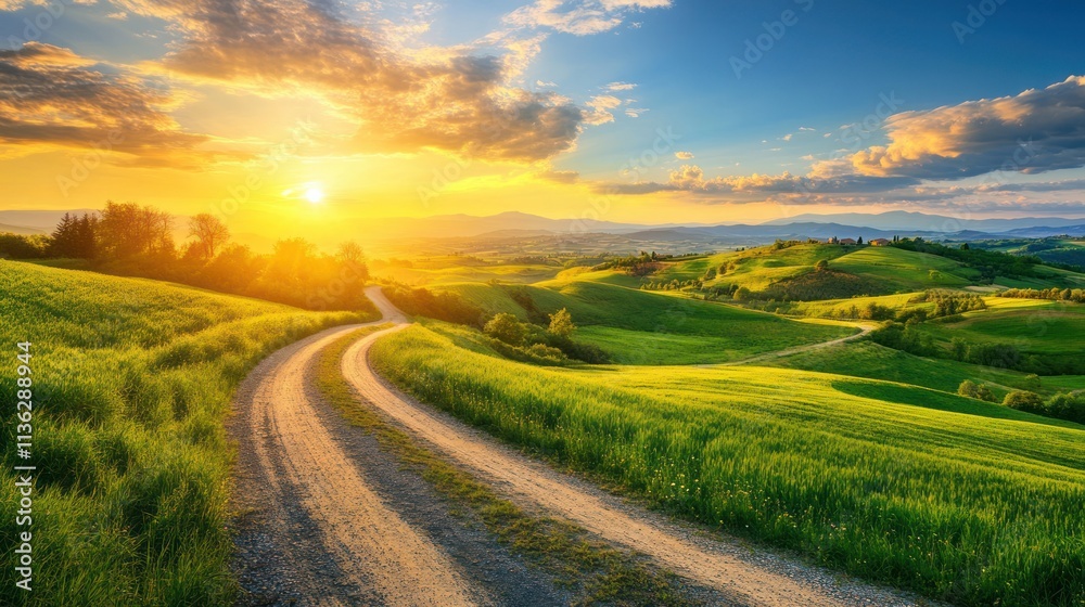 Sunset over Rolling Hills and Country Road Sunset over Rolling Hills and Country Road