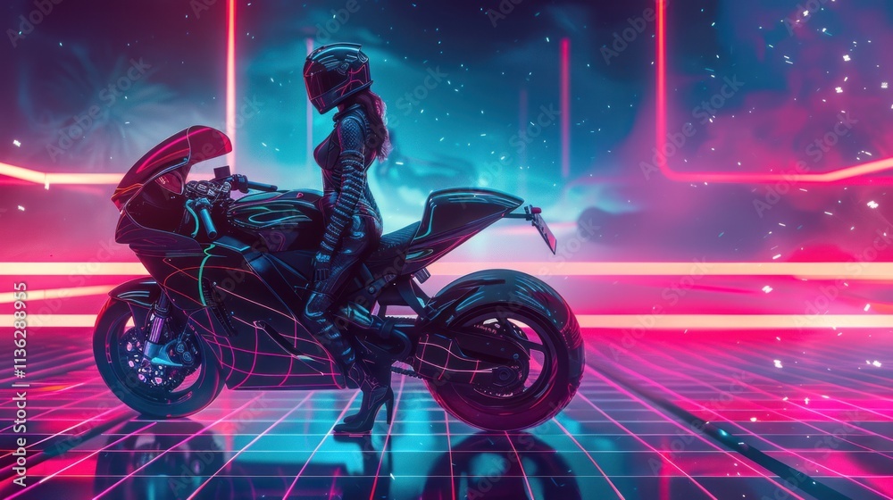 Neon Racer: A futuristic motorcyclist poses in a neon-lit world, embodying speed and style. Neon Racer: A futuristic motorcyclist poses in a neon-lit world, embodying speed and style.