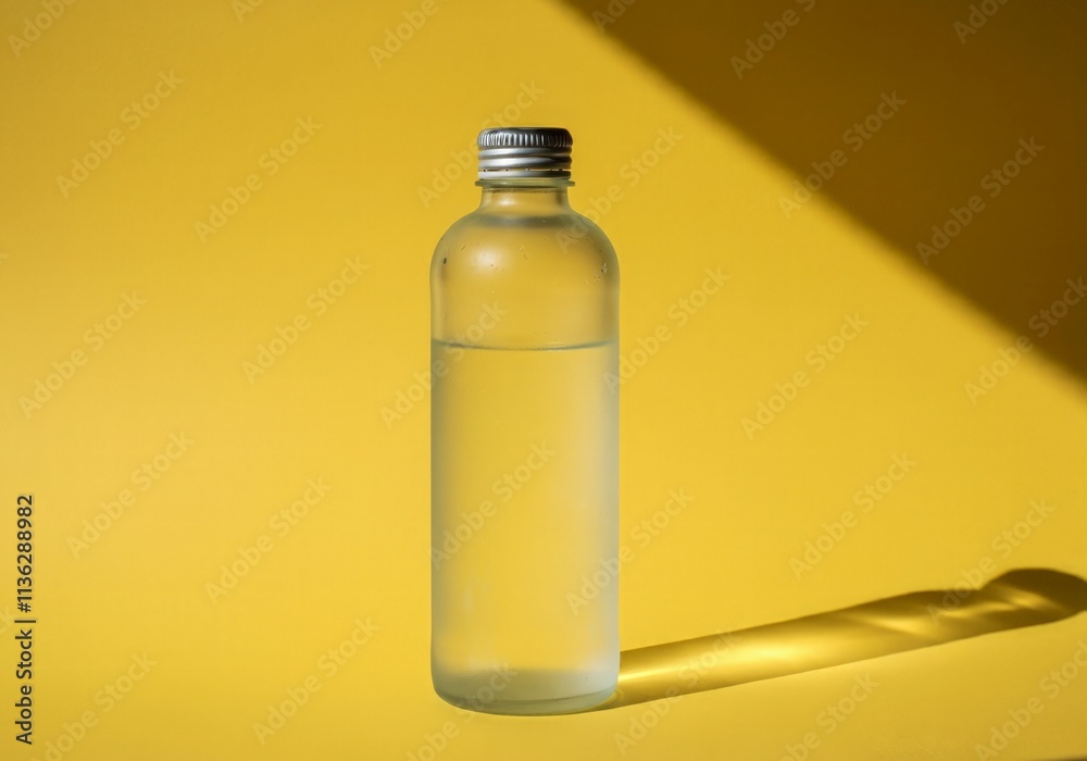 A cold water bottle standing upright on a sunny yellow surface A cold water bottle standing upright on a sunny yellow surface